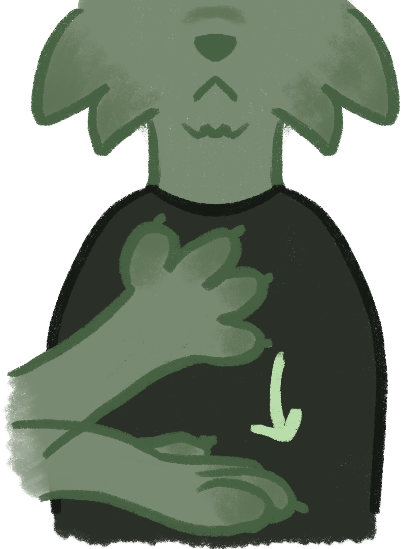a green figure with paws and fur in a dark green t-shirt signing want in auslan